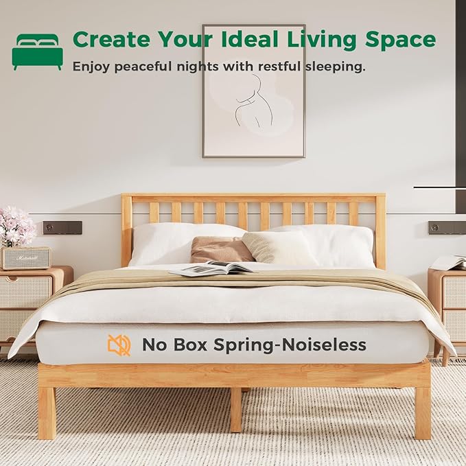 DELAVIN Queen Bed Frame with Headboard, Wood Platform Bed Frame, Farmhouse Style Bed Frame Queen Size with Slats Support, Malaysian Oak, No Box Spring Needed, Easy Assembly, Rustic Pine