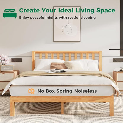 DELAVIN Queen Bed Frame with Headboard, Wood Platform Bed Frame, Farmhouse Style Bed Frame Queen Size with Slats Support, Malaysian Oak, No Box Spring Needed, Easy Assembly, Rustic Pine