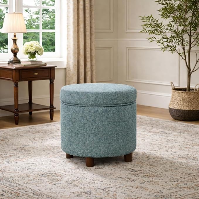 Homepop Home Decor | Upholstered Round Storage Ottoman | Ottoman with Storage for Living Room & Bedroom, Teal Tweed Large