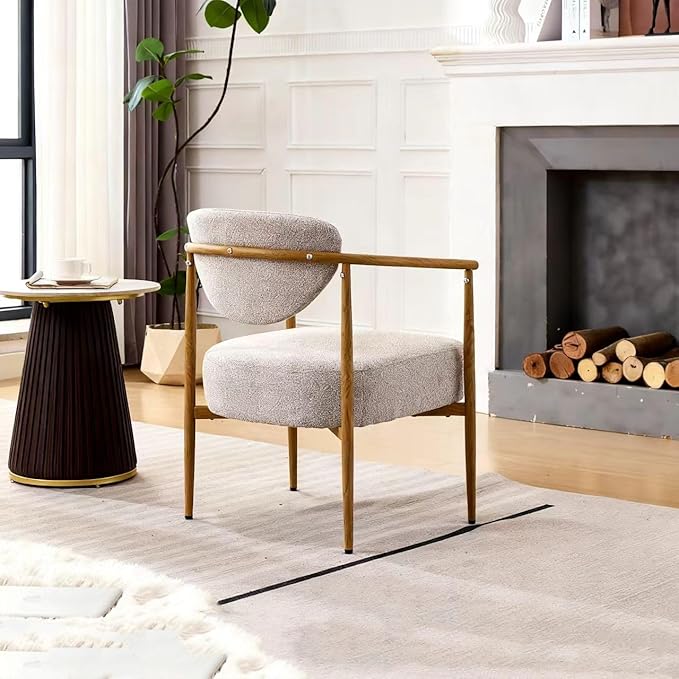 Modern Accent Chair, Beige Woven Fabric Armchair with Wood Grain Metal Frame, Comfortable Single Seating for Living Room, Dining Room, Bedroom, and Cafe, 24.8" W x 24.8" D x 29.1" H