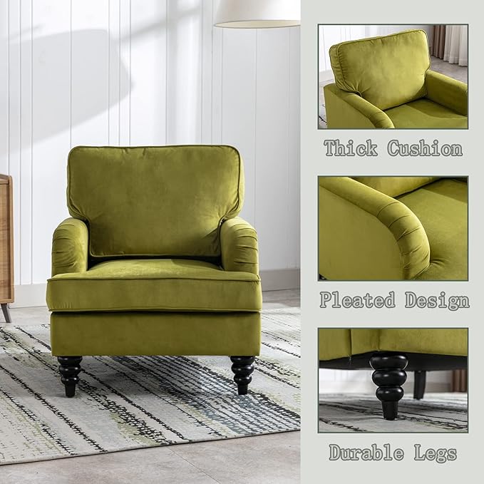 Velvet Upholstered Accent Chair Modern Single Sofa Chair with Thick Removable Back Cushion and Black Printed Legs Armchair for Living Room/Bedroom/Reading Room, Olive Green