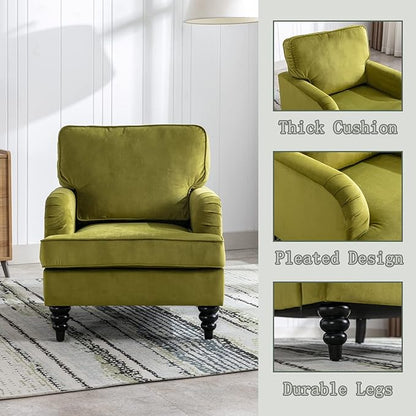 Velvet Upholstered Accent Chair Modern Single Sofa Chair with Thick Removable Back Cushion and Black Printed Legs Armchair for Living Room/Bedroom/Reading Room, Olive Green
