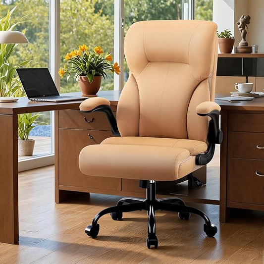 Executive Office Chair, High Back Ergonomic Comfy Desk Chair with Padded Flip-up Armrests and Wheels, PU Leather Heavy Duty Computer Swivel Rolling Task Chair for Home Office, Adults, Khaki