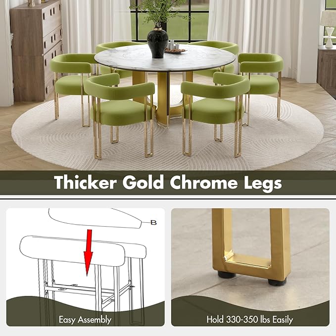 Green and Gold Modern Dining Chairs Set of 2, Velvet Upholstered Barrel Armchairs with Metal Legs for Kitchen Island, Mid Century Accent Chairs for Dining Room Living Room, Open-Back