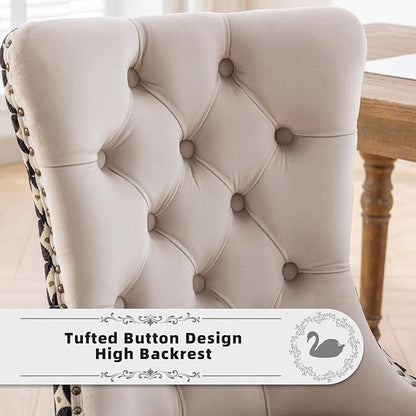 Velvet Upholstered Dining Chairs Set of 8, Modern Style Kitchen Side Chairs with Nailhead Trim and Wood Legs,Metal Pulling Ring for Dining Room Living Room(Quadrangular Star&Beige)