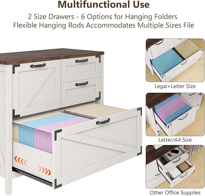 Lateral File Cabinet with 4 Drawers Farmhouse File Cabinet for Letter/Legal/A4 Size Hanging Files, Large Wood File Storage Cabinets Printer Stand for Home Office Cabinet, Rustic White