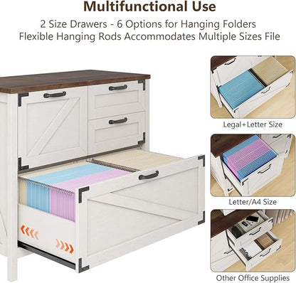Lateral File Cabinet with 4 Drawers Farmhouse File Cabinet for Letter/Legal/A4 Size Hanging Files, Large Wood File Storage Cabinets Printer Stand for Home Office Cabinet, Rustic White