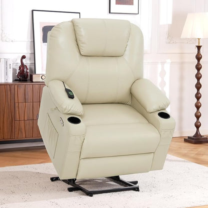 MCombo Oversized Power Lift Recliner Chair for Elderly, Lift Chair with Heat and Massage for Big and Tall, USB&Type C Ports, Cup Holders, Faux Leather R7510 (Cream White, Large-Wide)