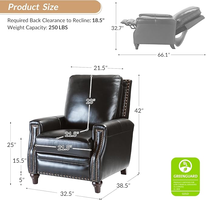 HULALA HOME Genuine Leather Recliner Chair Set of 2, Push Back Recliner Armchair with Thick Seat and Backrest(Black)