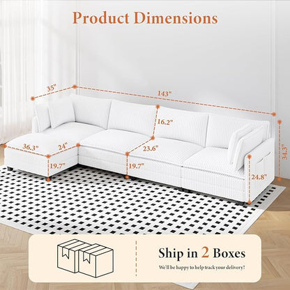 Vesgantti 143" L Shaped Modular Sectional Sofa, Comfy Corduroy Upholstered Modular Sectional Couches for Living Room, Modern Cloud Couch with Ottoman Deep Seat, Warm White