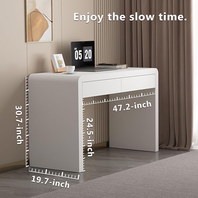 47-Inch Office Desk with Pull-Out Outlet, Computer Desk with 2 Sturdy Drawers, Writing/Gaming/Work/Study Desk for Bedroom, Living Room & Home Office, Brow (White, 47.2)
