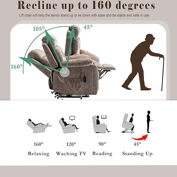 Power Lift Recliner Chair with Massage and Heating Functions,Velvet Sofa with 2 Remote Controls and Two Cup Holders,Recline up to 160 Degrees,Suitable for Living Room