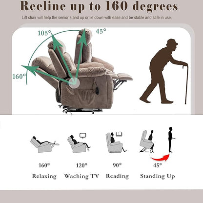 Power Lift Recliner Chair with Massage and Heating Functions,Velvet Sofa with 2 Remote Controls and Two Cup Holders,Recline up to 160 Degrees,Suitable for Living Room