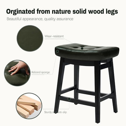 Counter Height Bar Stools Set of 4 for Kitchen Counter Farmhouse Modern Barstools with Faux Leather Upholstered Backless Seat and Solid Wood Legs 24 inch Bar Chairs, Green + Black