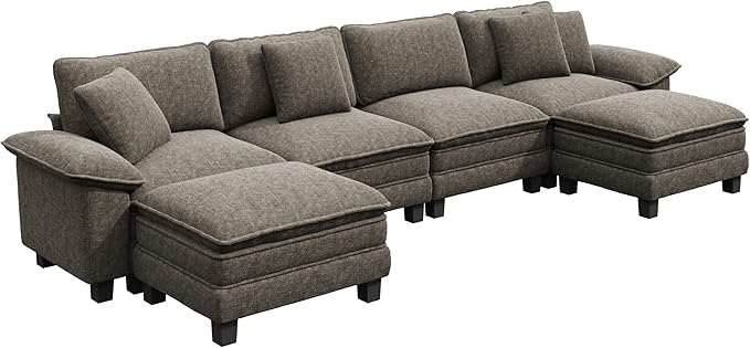 PHI VILLA Cloud Modular Couch Sets, 157.5" Sectional Sofa with U-Shaped Chaise, 6-Seater Couches with Movable Ottomans for Living Room, Chenille Fabric, Smoky Grey