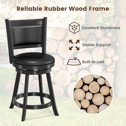 COSTWAY Bar Stools Set of 4, 360 Degree Swivel, 24" Accent Wooden Swivel Seat Counter Height Bar Stool, Leather Upholstered Design, PVC Cushioned Seat, Perfect for Dining and Living Room (Height 24")