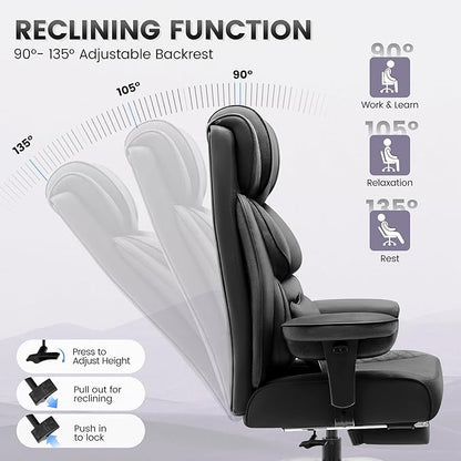 Office Desk Chair, Big and Tall Leather Gaming Chair with Footrest, Wide Ergonomic Comfy Executive High-Back Reclining Computer Chairs, Swivel Rolling Wheels and Lumbar Support, Matte Black