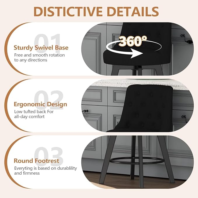 MINCETA Set of 4 Upholstered Bar Stools - 26 Inch Swivel Counter Height Stools with Low Tufted Back, Footrest & Performance Fabric - Round Seat for Kitchen Island & Home Bar Black