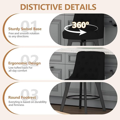 MINCETA Set of 4 Upholstered Bar Stools - 26 Inch Swivel Counter Height Stools with Low Tufted Back, Footrest & Performance Fabric - Round Seat for Kitchen Island & Home Bar Black
