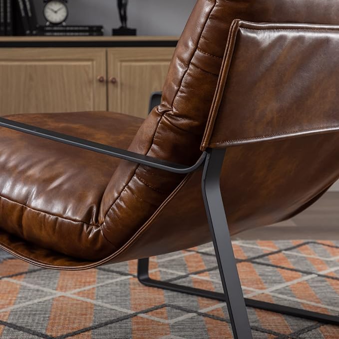 Mid-Century Accent Chair Set of 2, Comfy PU Leather Side Chair with Armrest, Upholstered Leisure Chair with Black Metal Frame for Living Room Bedroom Reception Room, Brown
