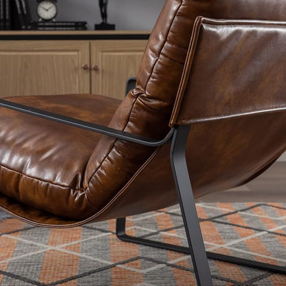 Mid-Century Accent Chair Set of 2, Comfy PU Leather Side Chair with Armrest, Upholstered Leisure Chair with Black Metal Frame for Living Room Bedroom Reception Room, Brown