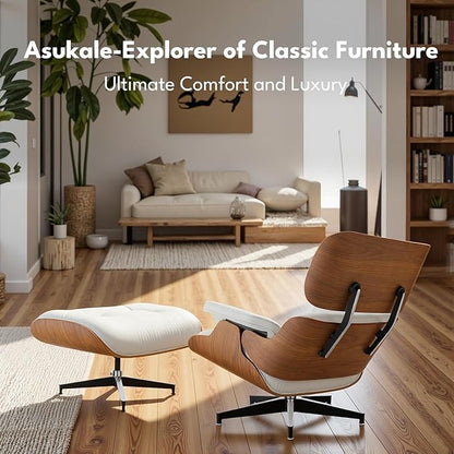 Top Grain Leather, Mid Century Chaise Lounge Chair and Ottoman, Reading Chair, Accent Lounge Chair, Modern Chair, Classic Design, Heavy Duty Base Support for Living Room Lounge Office, Walnut-White