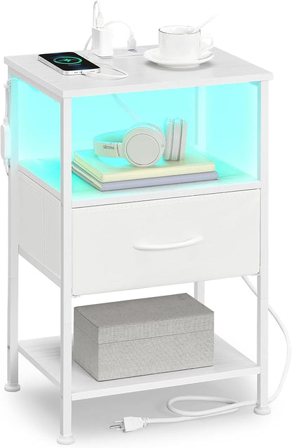 SONGMICS BELLAH Collection - Nightstand with Charging Station and App-Controlled Adjustable LED Lights, Bed Side Table, 1 Drawer and 2 Open Shelves, Bedroom, Cloud White and Snow White ULGS301WH01S