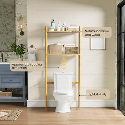 2 Tier Over The Toilet Organizer Rack Bamboo, Freestanding Bathroom Toilet Storage Shelf, Space Saving and Easy to Install, Adjustable Feet, Adjustable Bottom Rod