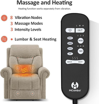 MCombo Triple Motor Power Lift Recliner Chair with Massage and Lumbar&seat Heating, Rolled Arms, Adjustable Headrest for Elderly People, Fabric 7888 (Beige, Medium)