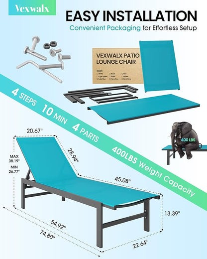 Outdoor Lounge Chairs for Pool, Aluminum Chaise Lounge Chairs with 5-Position Recliner, Patio Lounge Chair for Backyard, Poolside, Deck, Lawn, Lake Blue