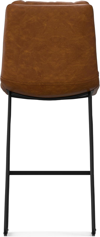 SIMPLIHOME Danika Bar Stools (Set of 2) - 29 inch Seat Height Upholstered Metal Chairs in Camel Brown Vegan Faux Leather, Mid Century Seating for Kitchen or Bar with Tufted Pillow-Top Seat