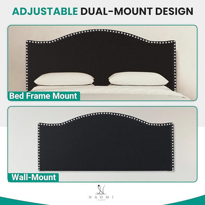 Naomi Home Catalina Full Size Bed Headboard, Square Tufted, White Linen Fabric, Height Adjustable 42"-52", Metal Legs, Wall/Bed Mount