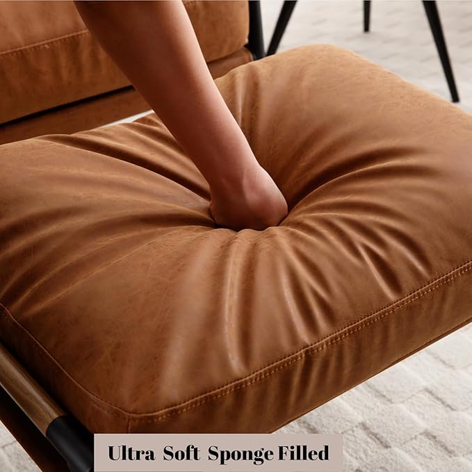 DUOMAY Mid Century Modern Accent Chair with Ottoman Set, PU Brown Upholstered Living Room Chair with Metal Legs Lazy Lounge Chair Set with Footrest for Bedroom Living Room