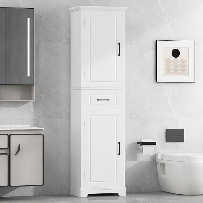 Bathroom Tall Storage Cabinet, Floor Freestanding Storage Cabinet with 2 Doors, One Drawer, Door Shelve Design, and Adjustable Shelf for Bathroom, Office, Multi-Use Organizer, White