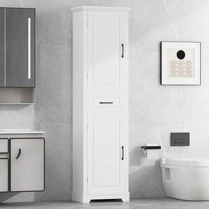 Bathroom Tall Storage Cabinet, Floor Freestanding Storage Cabinet with 2 Doors, One Drawer, Door Shelve Design, and Adjustable Shelf for Bathroom, Office, Multi-Use Organizer, White