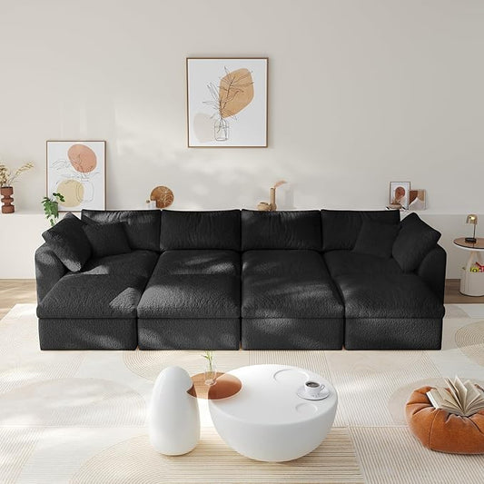138" Boneless Cloud Couch Modular Sectional Sofa with Deep Seat for Living Room, L Shape Couch with Ottoman, Snowflake Cloth and 40D Memory Sponge，2 Throw Pillows (Black, 4 Seater+4 Ottoman)