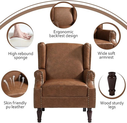 Lumibee Accent Chair, Faux Leather High Back Armchair or Living Room, Comfy Upholstered Single Sofa Reading Chair with Solid Wood Legs for Office, Bedroom, Waiting Room-Brown