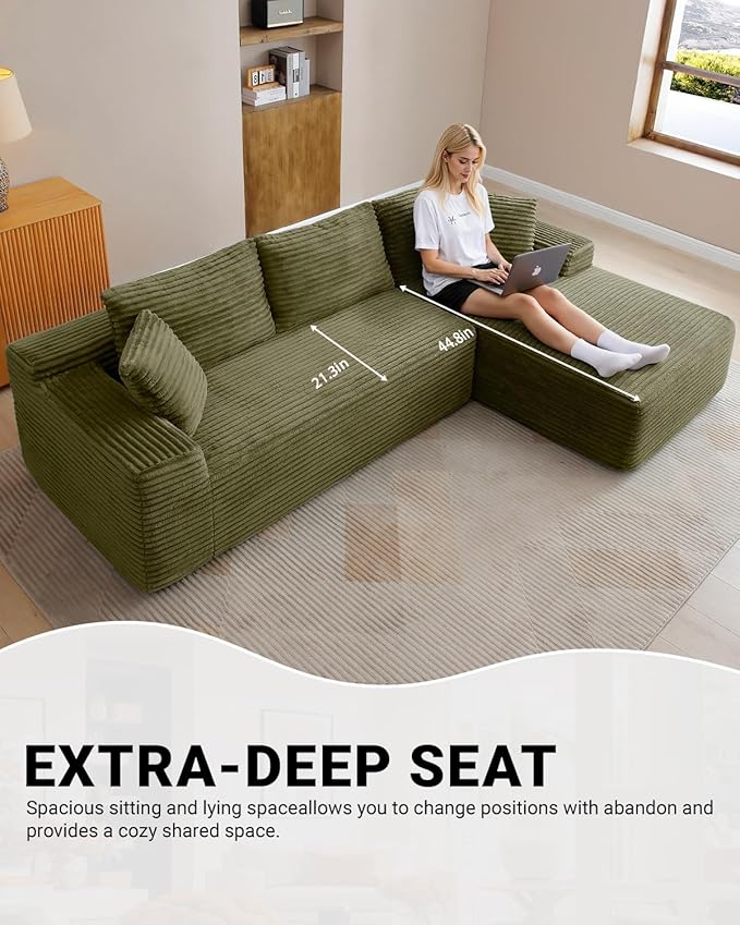 95 Inch Cloud Sectional Couch,Modular Sectional Sofa with Deep Seat,Modern Corduroy Boneless Couches with L-Shape Chaise for Living Room Bedroom,No Assembly Required (Green, Right Facing Chaise)