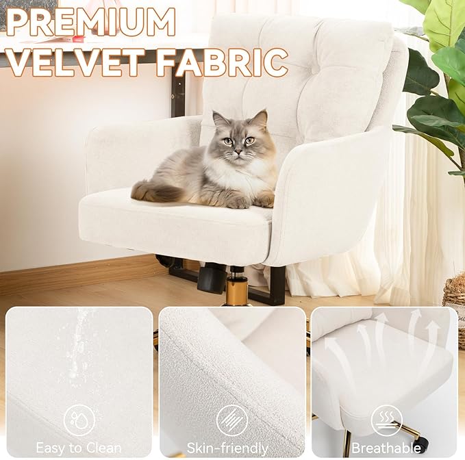 Plush Fabric Office Chair Vanity Chair Comfy Home Office Desk Chairs with Lumbar Support, Modern Plush Fabric Desk Gold Legs Swivel Task for Home Office Bedroom Study White Upgraded Version