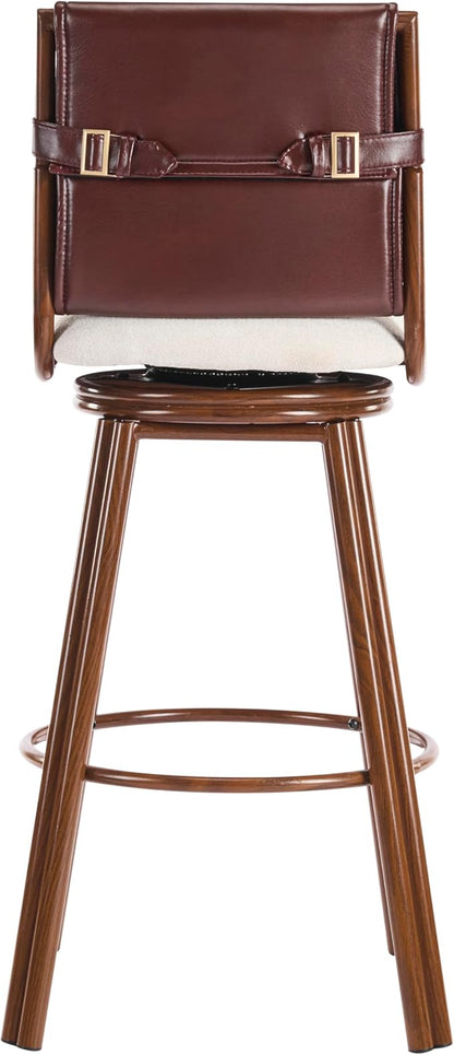 Christopher Knight Home Sibyl Fabric Upholstered Counter Height Bar Stools Set of 2, Metal Stool Chair for Kitchen Island with Faux Leather Backrest, Armless Counter Stool with Footrest, Beige+Walnut