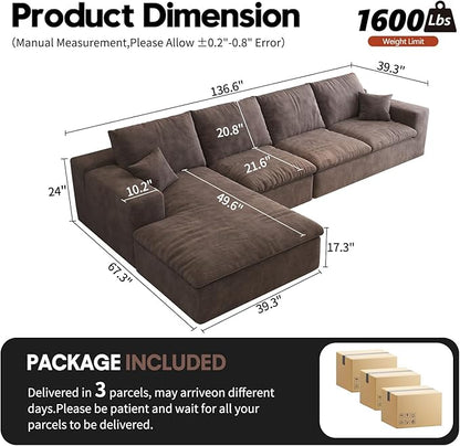 136.6'' L-Shaped Modern Modular Sectional Cloud Couch, 4-Seat Chenille Deep-Seat Sofa with Pillow for Living Room, Bedroom, Apartment, Camel