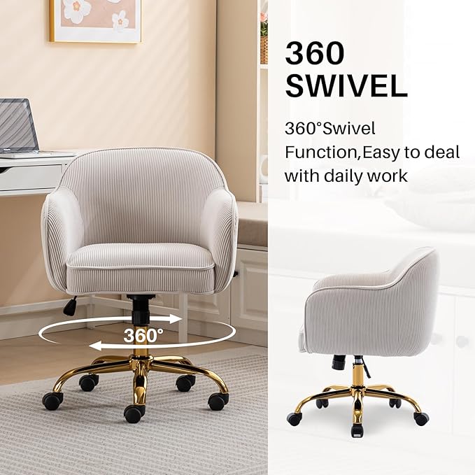 Home Office Desk Chair with Arms Gold Wheels Modern Velvet Upholstered Rolling Computer Chair Mid-Back Ergonomic Adjustable Swivel Vanity Chair for Bedroom Study Office, Beige,Corduroy