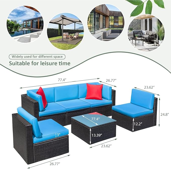 Devoko Patio Furniture Sets 6 Pieces Outdoor Sectional Rattan Sofa Manual Weaving Wicker Patio Conversation Set with Glass Table and Cushion (Blue)