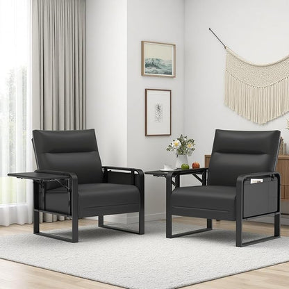 Upholstered Accent Sofas Set of 2, Modern Faux Leather Sofa Chairs with Foldable Side Tray Table & Storage Pocket, Small Accent Sofas for Living Room, Bedroom, Black