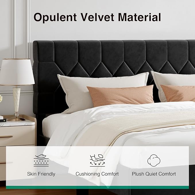 Novilla King Size Bed Frame, King Bed Frame and Headboard, Velvet Upholstered Pull-Point Bed Frames, No Box Spring Needed, Heavy Duty Feet, Easy Assembly, Black Velvet