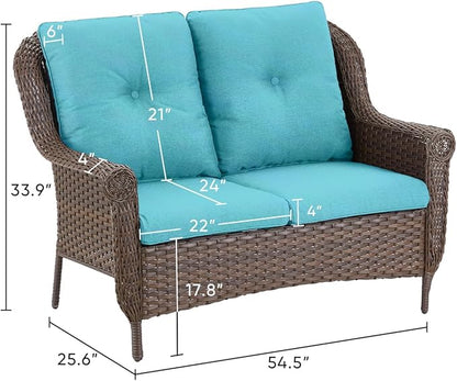 Patio Loveseat Outdoor Wicker Sofa - Heavy Duty All-Weather Brown Rattan 2-Person Sofas with High Back and Comfortable Thick Cushions for Garden Back Porch Poolside Apartment - Turqoise