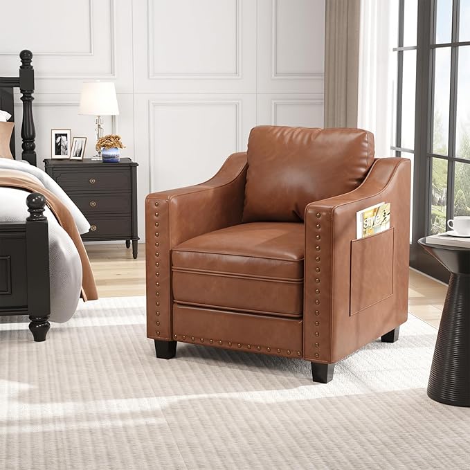 Faux Leather Accent Chair Set of 2 for Living Room, 30 Inches Barrel Upholstered Armchair, Cozy Mid Century Modern Club Arm Chair Single Sofa for Bedroom, Apartment, Reading Room, Brown