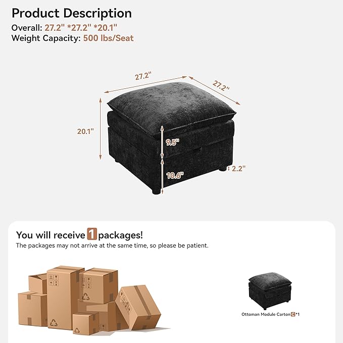 27" Large Square Ottoman with Storage, Modern Upholstered Footrest with Anti-Slip Legs for Couch Coffee Table Living Room, Bedroom, Entryway, Chenille Black