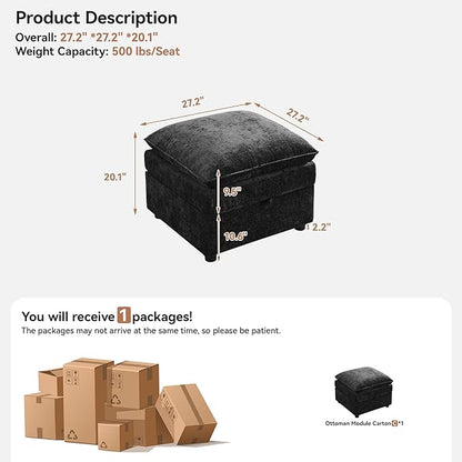 27" Large Square Ottoman with Storage, Modern Upholstered Footrest with Anti-Slip Legs for Couch Coffee Table Living Room, Bedroom, Entryway, Chenille Black