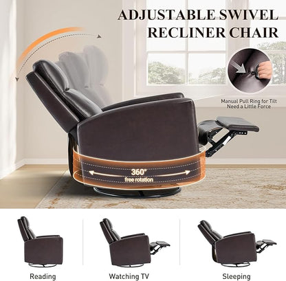 COLAMY Swivel Rocking Recliner,Wide PU Leather Glider Sofa Chair with Ergonomic High Backrest for Living Room,Bedroom（Chocolate Brown ）